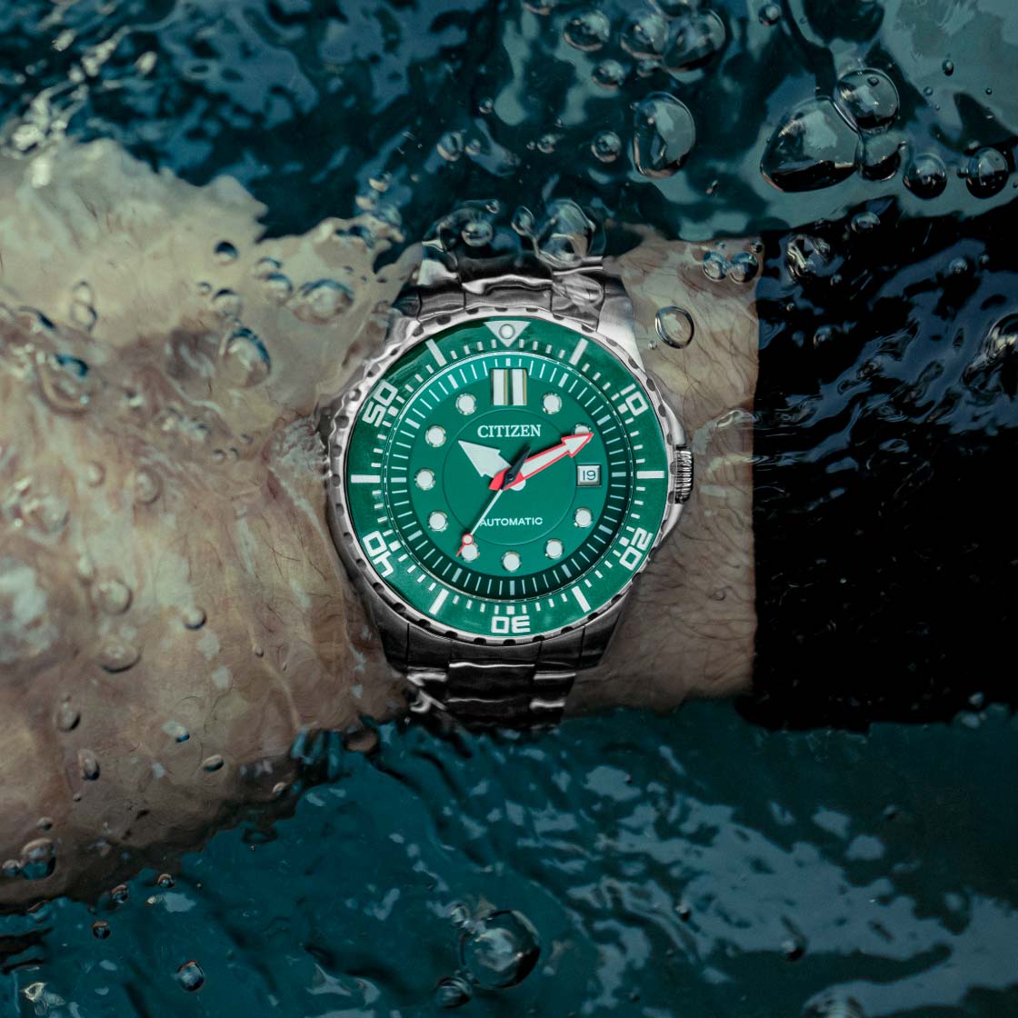 Citizen Promaster Mechanical Green Dial Silver Steel Strap Watch For Men - NJ0129-87X