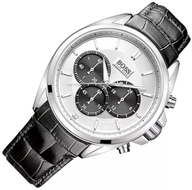 Hugo Boss Driver Chronograph Quartz Silver Dial Black Leather Strap Watch For Men - 1512880