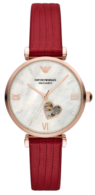 Emporio Armani Gianni T-Bar Mother of Pearl White Dial Red Leather Strap Watch For Women - AR60048