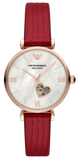 Emporio Armani Gianni T-Bar Mother of Pearl White Dial Red Leather Strap Watch For Women - AR60048