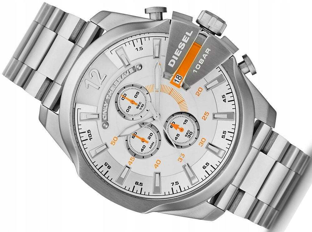 Diesel Mega Chief Chronograph White Dial Silver Steel Strap Watch For Men - DZ4328