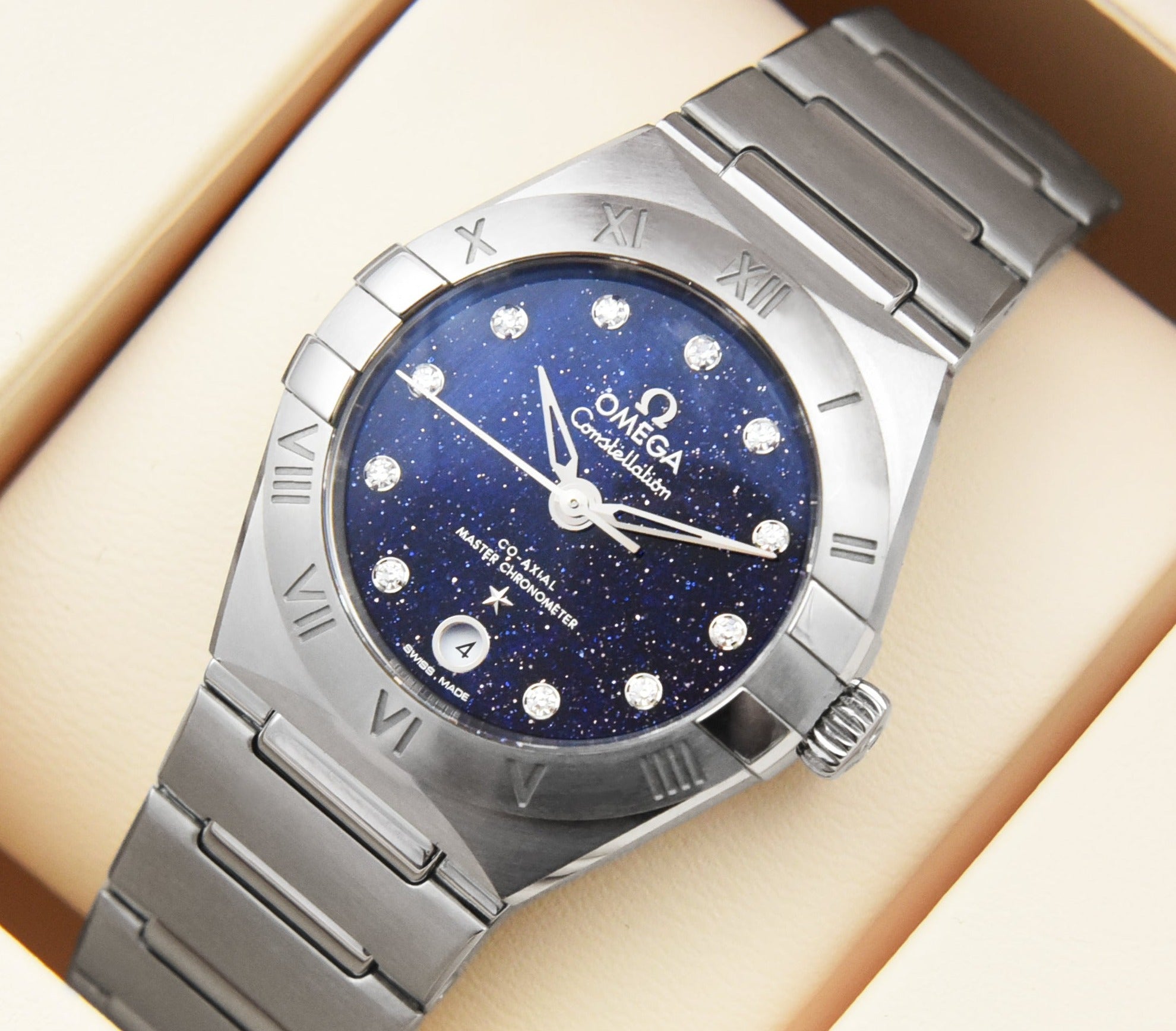 Omega Constellation Manhattan Quartz Diamonds Blue Dial Silver Steel Strap Watch for Women - 131.10.25.60.53.001