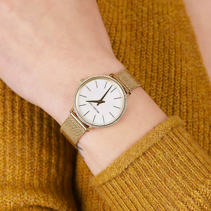 Michael Kors Pyper Quartz Mother of Pearl White Dial Gold Mesh Bracelet Watch For Women - MK4619