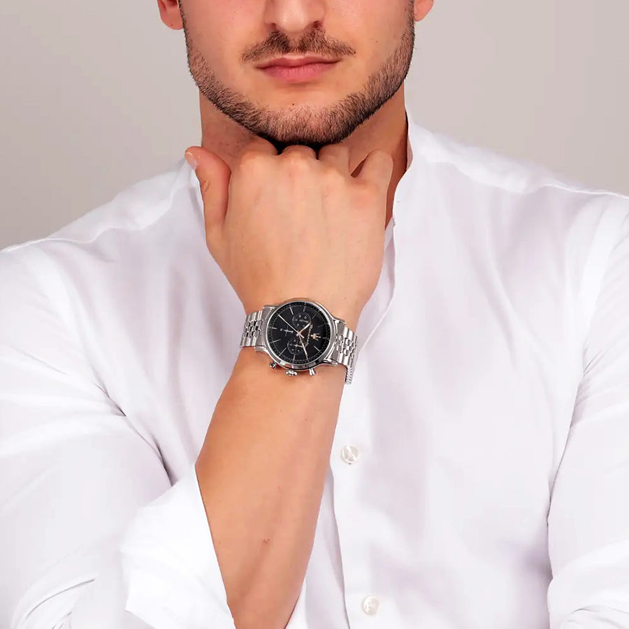 Maserati Epoca Chronograph Black Dial Silver Steel Strap Watch For Men - R8873618017