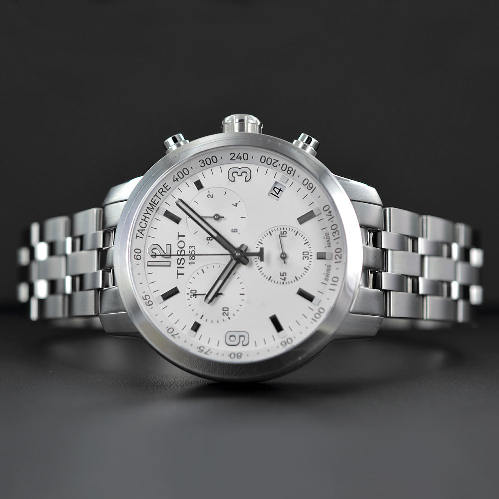 Tissot PRC 200 Chronograph White Dial Silver Steel Strap Watch For Men - T055.417.11.017.00