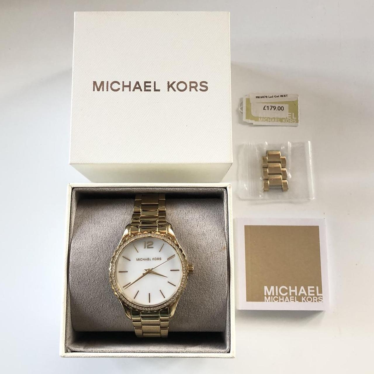 Michael Kors Layton Three Hand Mother of Pearl White Dial Gold Steel Strap Watch For Women - MK6870