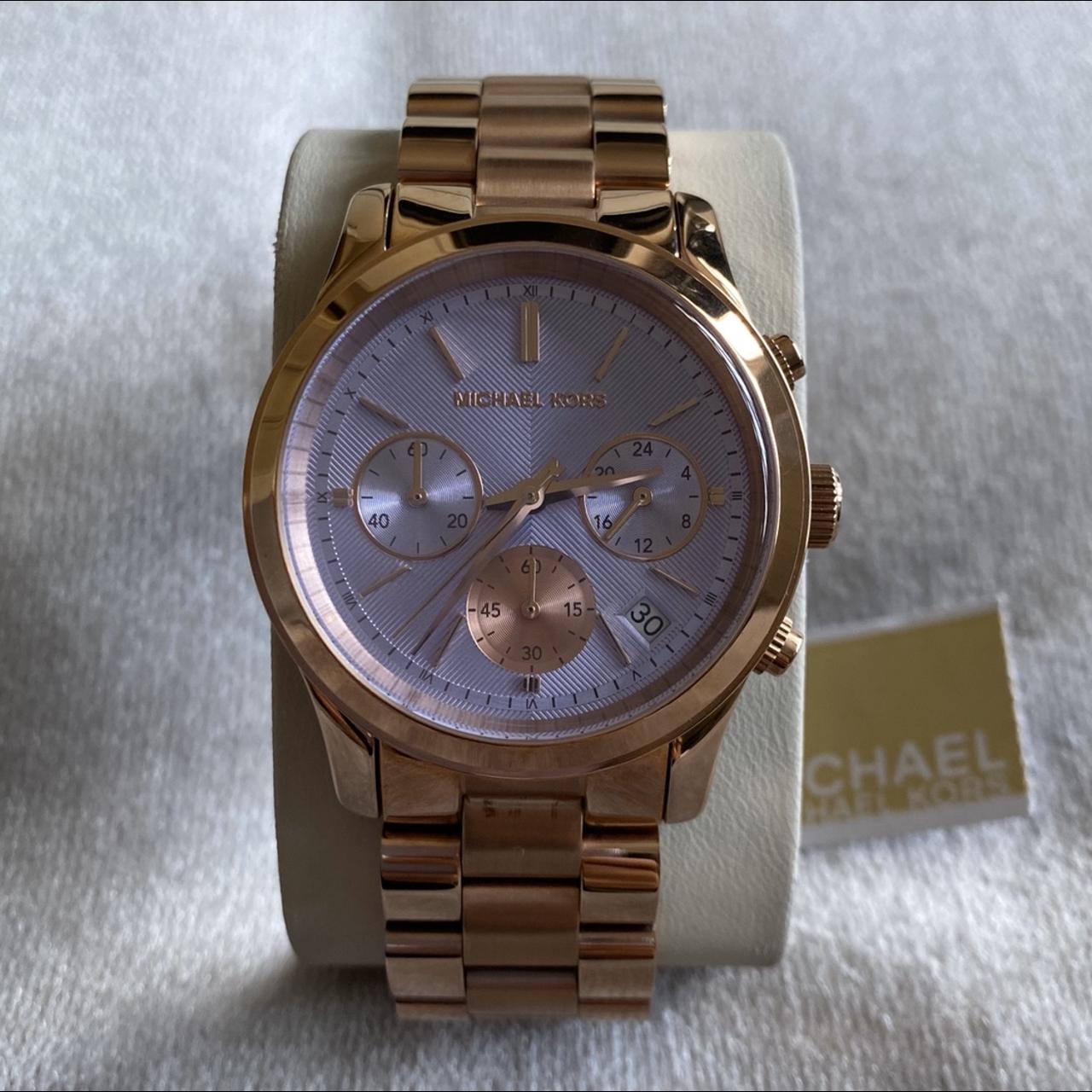 Michael Kors Runway Chronograph Purple Dial Rose Gold Steel Strap Watch For Women - MK6163
