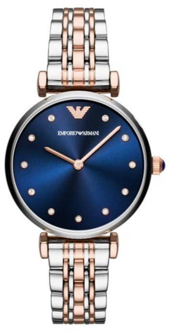 Emporio Armani Gianni T Bar Crystal Blue Dial Two Tone Steel Strap Watch For Women - AR11092