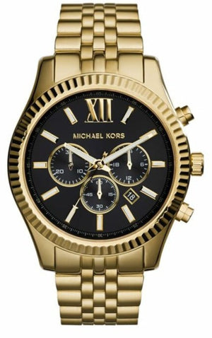 Michael Kors Lexington Chronograph Black Dial Gold Steel Strap Watch for Men - MK8286