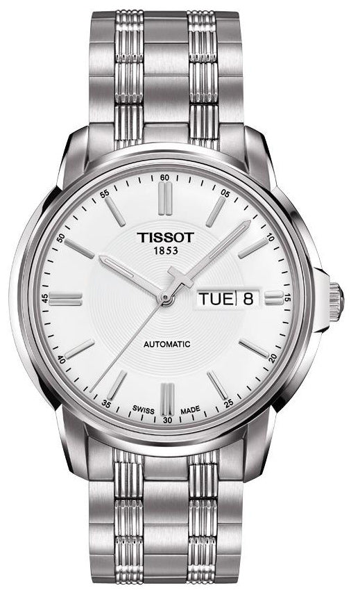 Tissot Automatics III Day Date White Dial Silver Steel Strap Watch For Men - T065.430.11.031.00