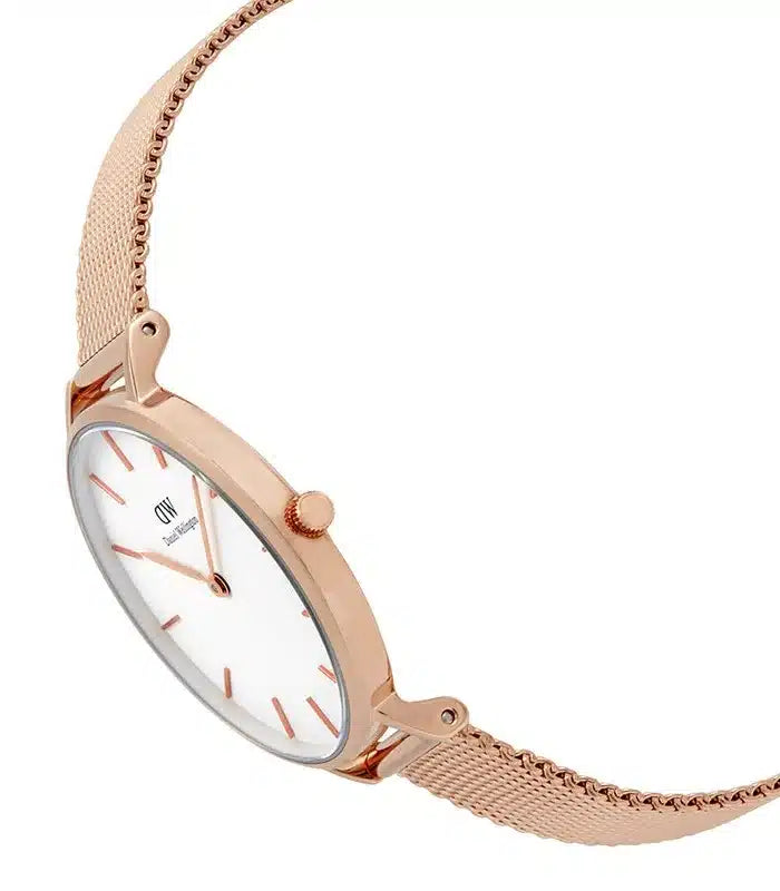 Daniel Wellington Classic Petite Melrose White Dial Rose Gold Mesh Bracelet Watch For Women - DW00100163