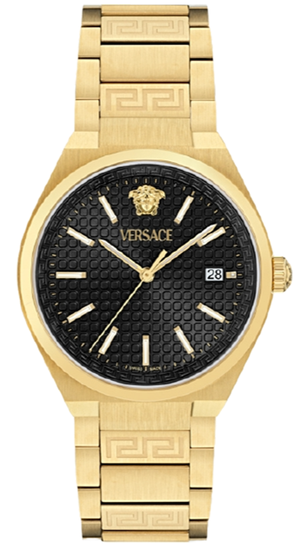 Versace V-Auria Quartz Black Dial Gold Steel Strap Watch for Men - VE0F00525