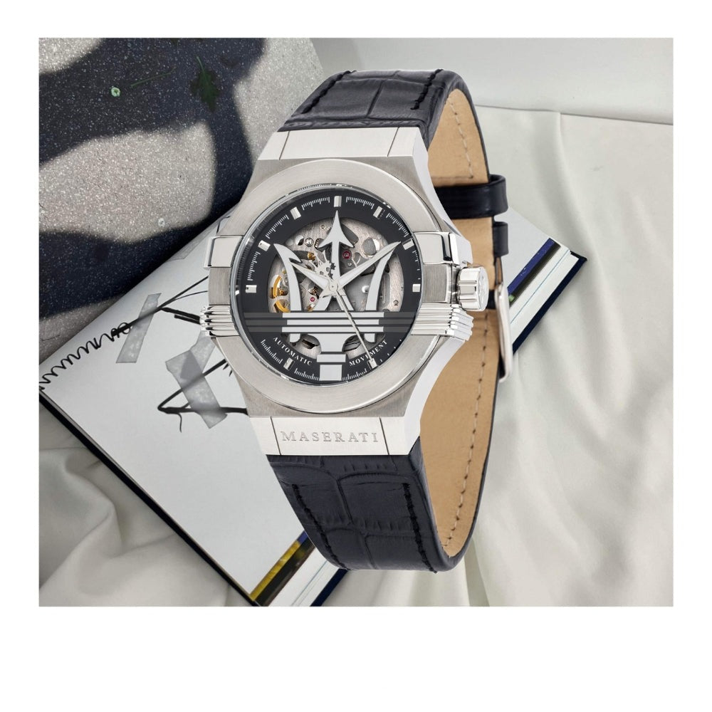 Maserati Potenza Automatic Black Dial Black Leather Strap Watch For Men - R8821108038