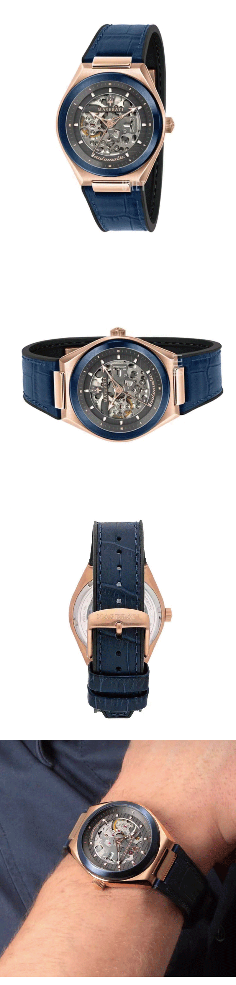 Maserati Triconic Skeleton Black Dial Blue Leather Strap Watch For Men - R8821139001