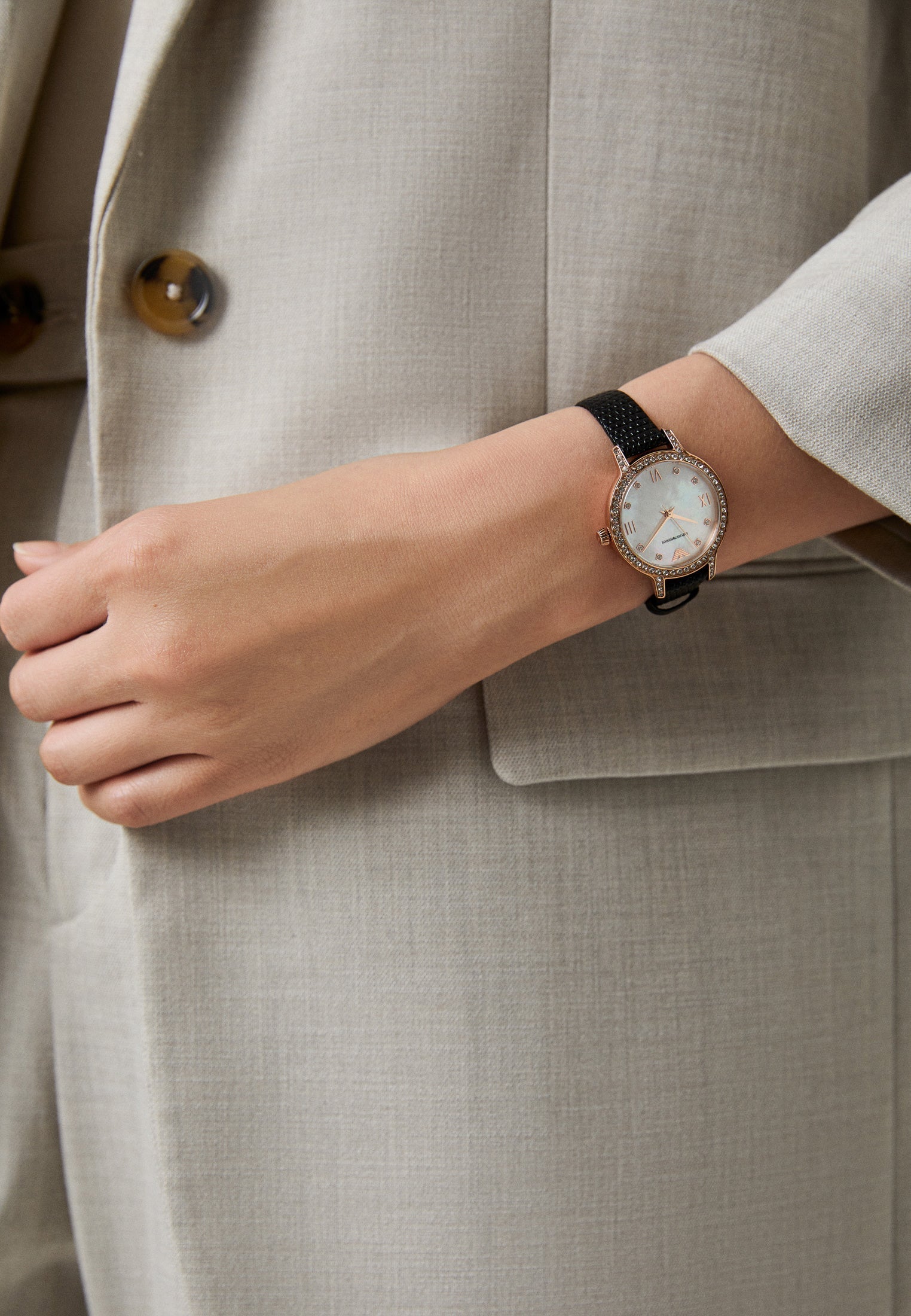 Emporio Armani Cleo Three-Hand Mother of Pearl Dial Black Leather Strap Watch For Women - AR11485