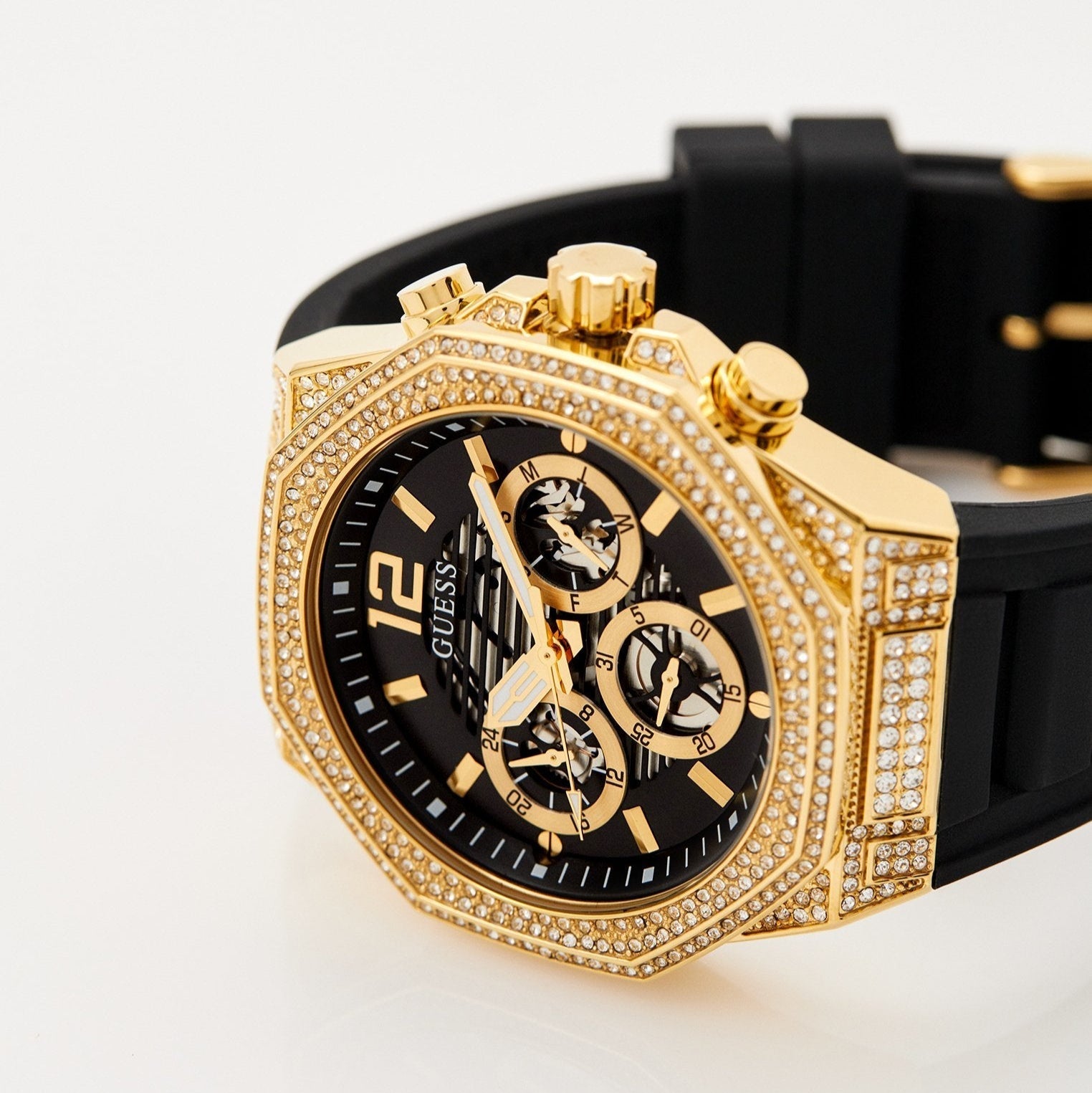 Guess Momentum Chronograph Diamonds Black Dial Black Silicone Strap Watch For Men - GW0518G2