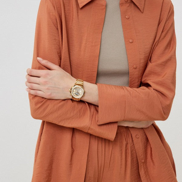 Guess Fusion Chronograph Gold Dial Gold Steel Strap Watch for Women - GW0552L2