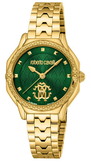 Just Cavalli Classic Green Dial Gold Steel Strap Watch for Women - RV1L225M0051
