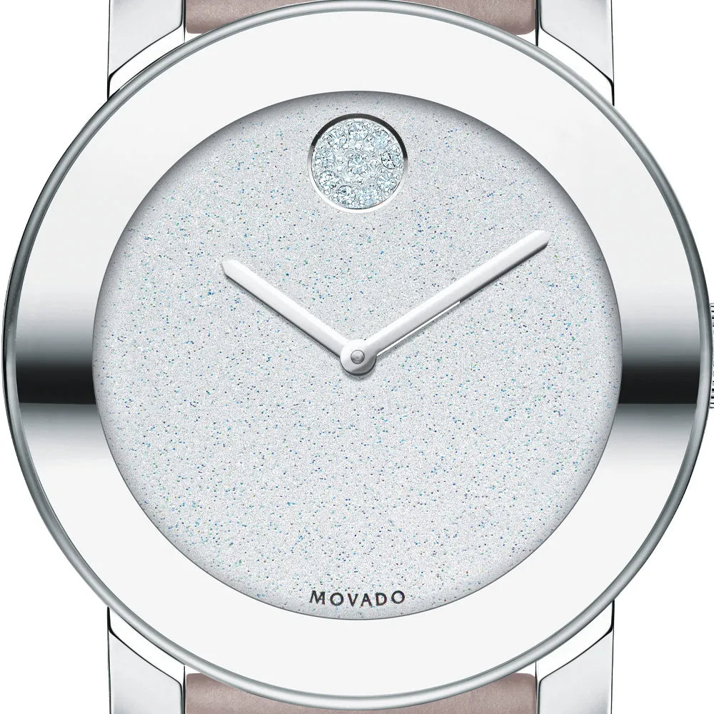 Movado Bold Glitter Silver Dial Pink Leather Strap Watch For Women - 3600522