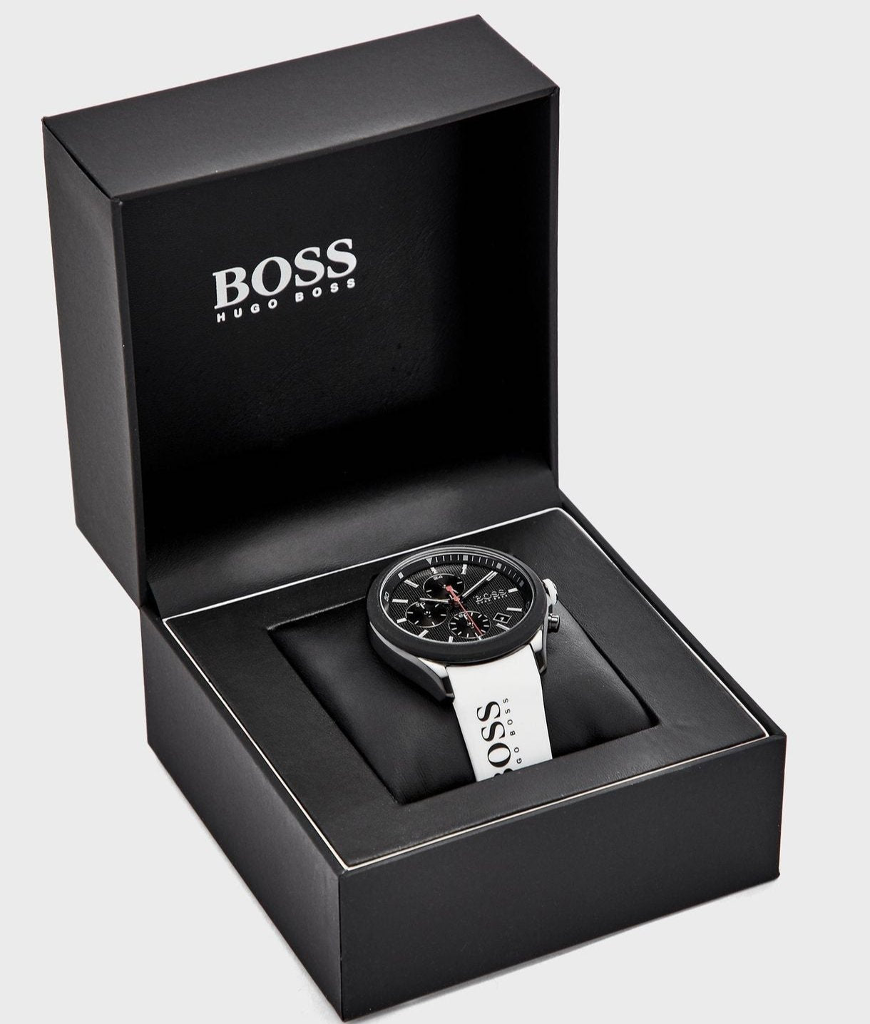 Hugo Boss Velocity Chronograph Black Dial White Rubber Strap Watch for Men - 1513718
