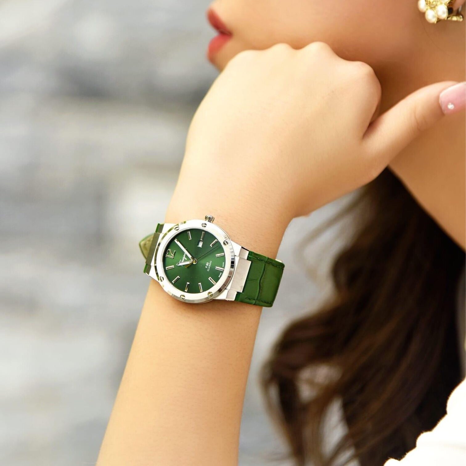 Salvatore Ferragamo F-80 Classic Green Dial Green Leather Strap Watch for Men - SFDT00119