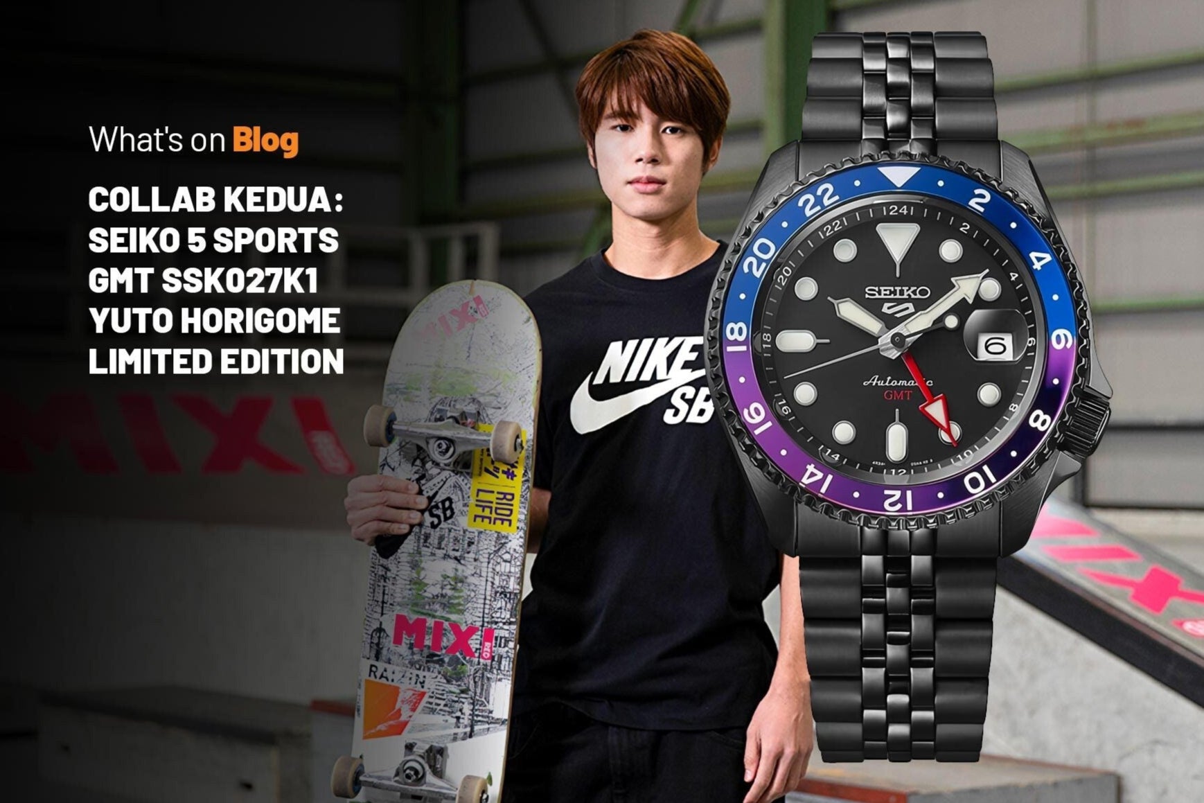 Seiko Automatic SKX GMT Yuto Horigome Limited Edition Black Dial Black Steel Strap Watch For Men - SSK027K1