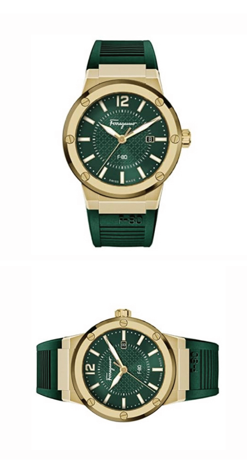 Salvatore Ferragamo F-80 Classic Green Dial Green Rubber Strap Watch for Men - SFHY02022