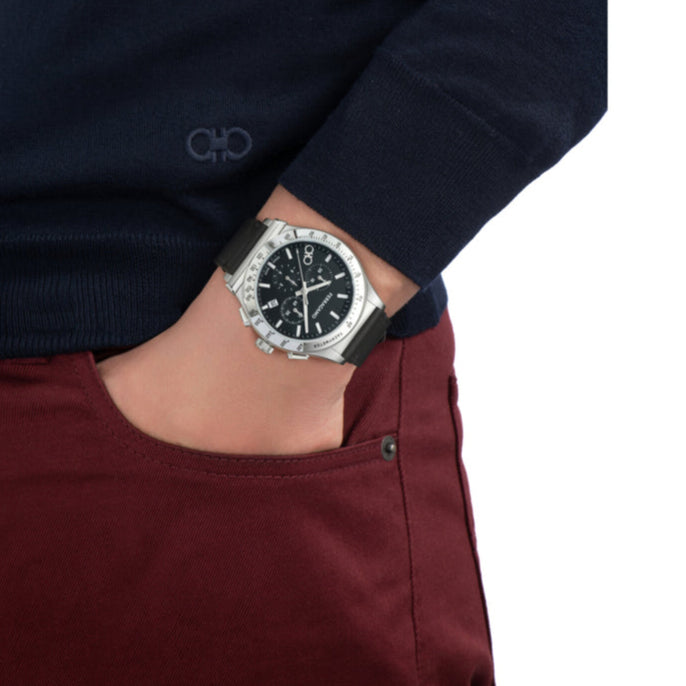 Salvatore Ferragamo 1927 Chrono Analog Black Dial Black Leather Strap Watch for Men -  SFKZ00123