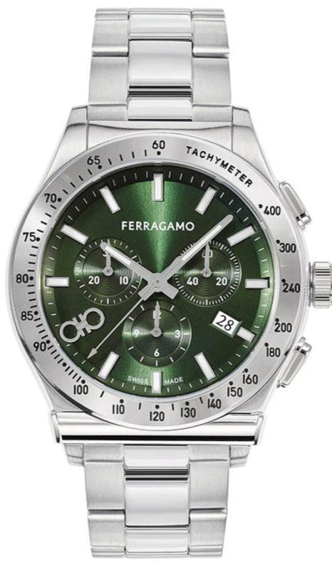 Salvatore Ferragamo 1927 Chrono Green Dial Silver Steel Strap Watch for Men - SFKZ00423