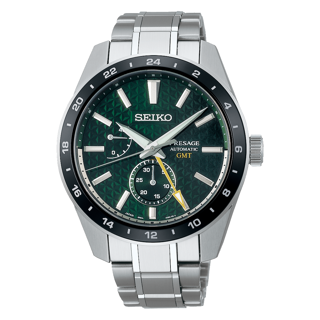 Seiko Presage Sharp Edged Series GMT Green Dial Silver Steel Strap Watch For Men - SPB219J1