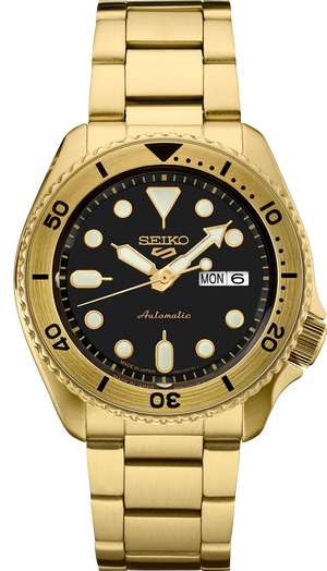 Seiko 5 Sports Automatic Black Dial Gold Steel Strap Watch For Men - SRPK18