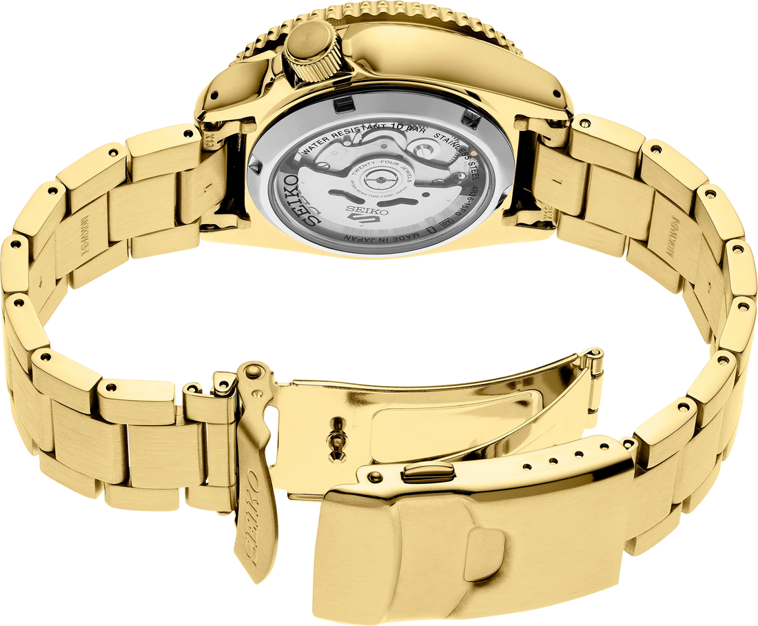 Seiko 5 Sports Automatic Black Dial Gold Steel Strap Watch For Men - SRPK18