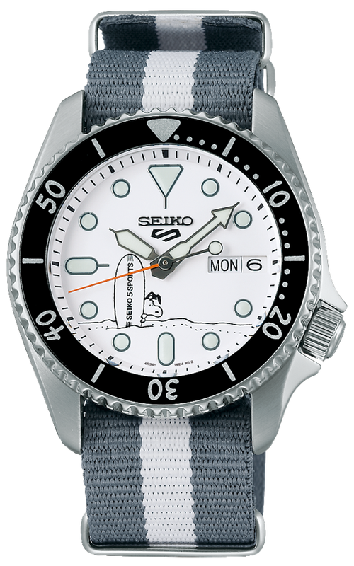 Seiko 5 Sports x Peanuts Surfboard Snoopy Limited Edition White Dial Two Tone NATO Strap Watch For Men - SRPK25K1