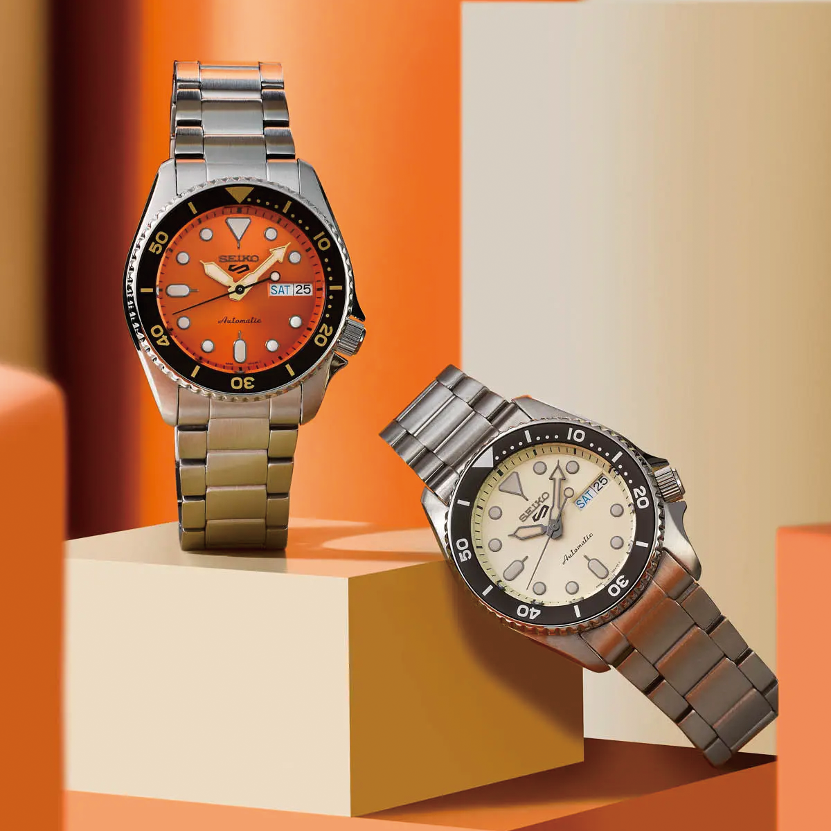 Seiko 5 Sports SKX Automatic Cream Dial Silver Steel Strap Watch For Men - SRPK31K1