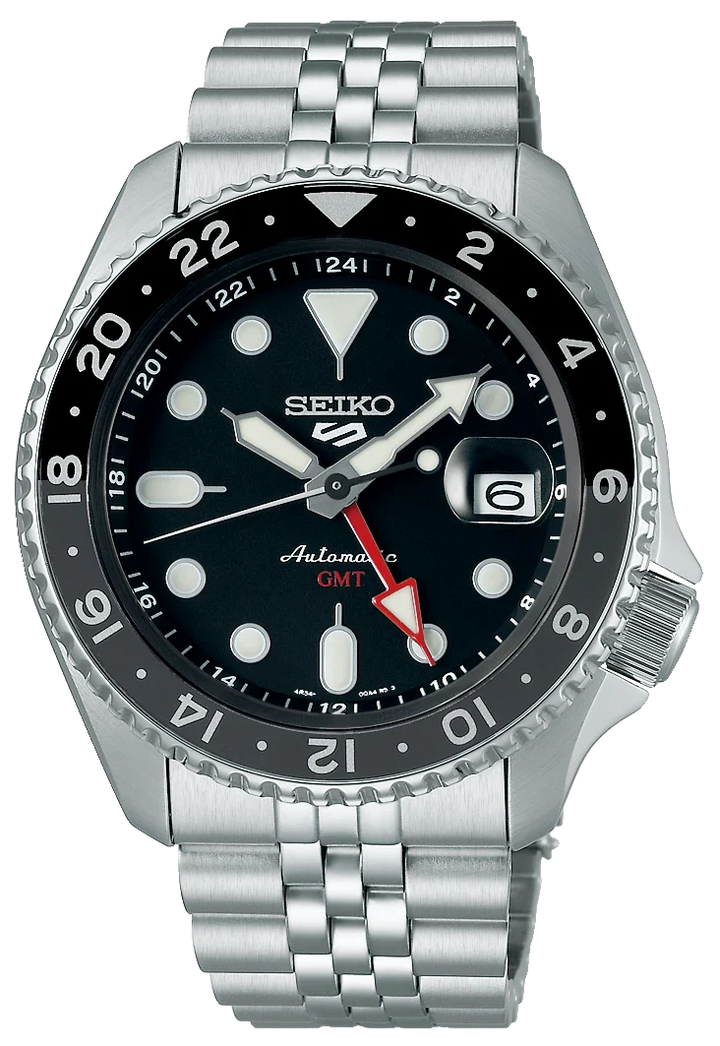 Seiko 5 Sports Automatic GMT Black Dial Silver Steel Strap Watch For Men - SSK001K1