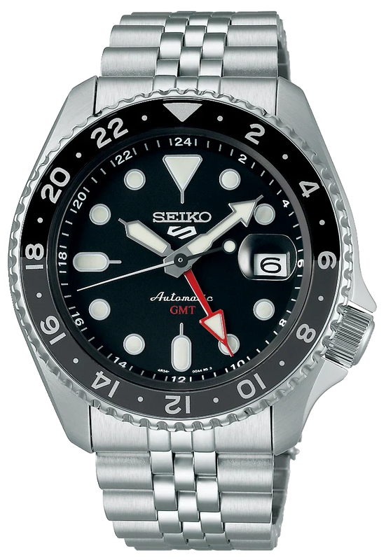 Seiko 5 Sports Automatic GMT Black Dial Silver Steel Strap Watch For Men - SSK001K1