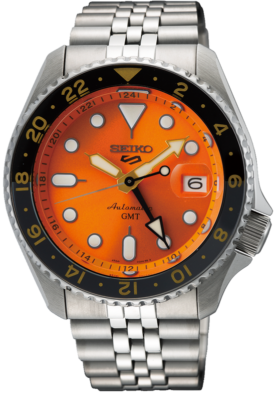 Seiko 5 Sports GMT Automatic Orange Dial Silver Steel Strap Watch For Men - SSK005K1