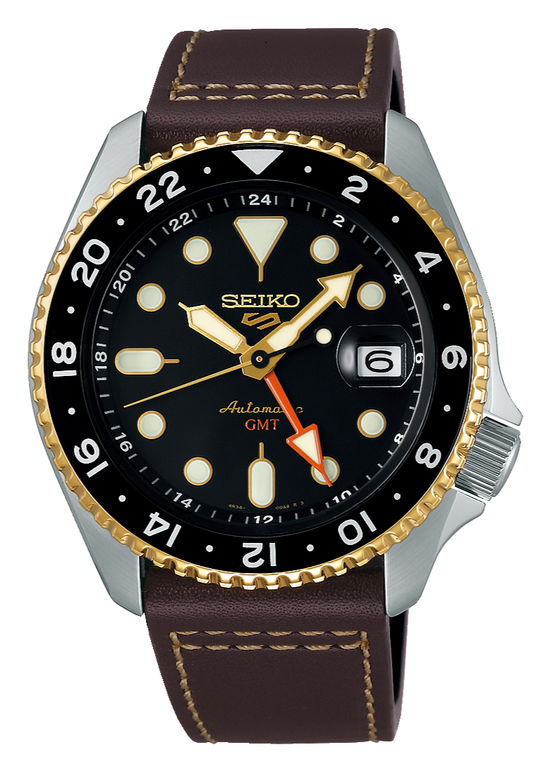 Seiko 5 Sports SKX GMT Automatic Mocha Black Dial Brown Leather Strap Watch For Men - SSK036K1