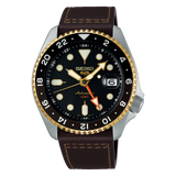 Seiko 5 Sports SKX GMT Automatic Mocha Black Dial Brown Leather Strap Watch For Men - SSK036K1