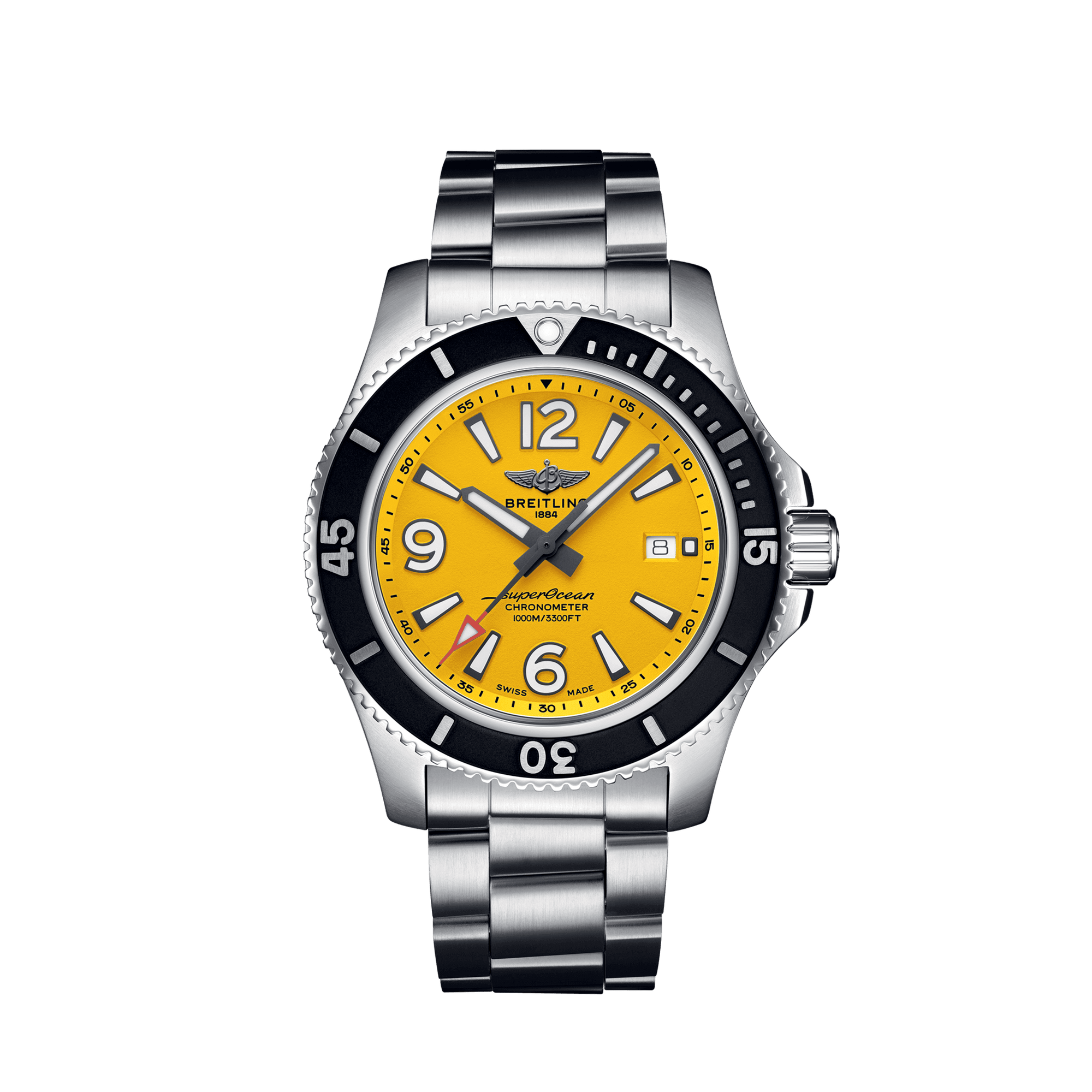 Breitling Superocean Automatic 44mm Yellow Dial Silver Steel Strap Watch for Men - A17375211/1A1