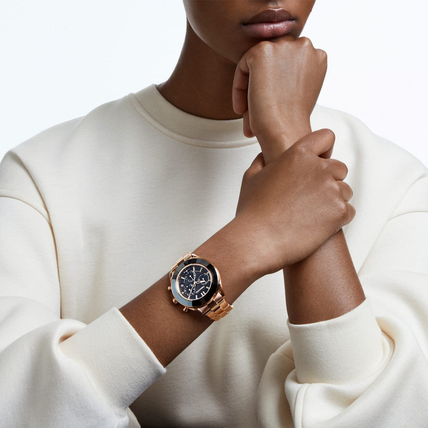 Swarovski Octea Lux Sport Chronograph Black Dial Rose Gold Steel Strap Watch for Women - 5610478