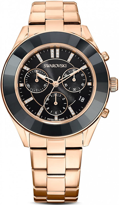 Swarovski Octea Lux Sport Chronograph Black Dial Rose Gold Steel Strap Watch for Women - 5610478
