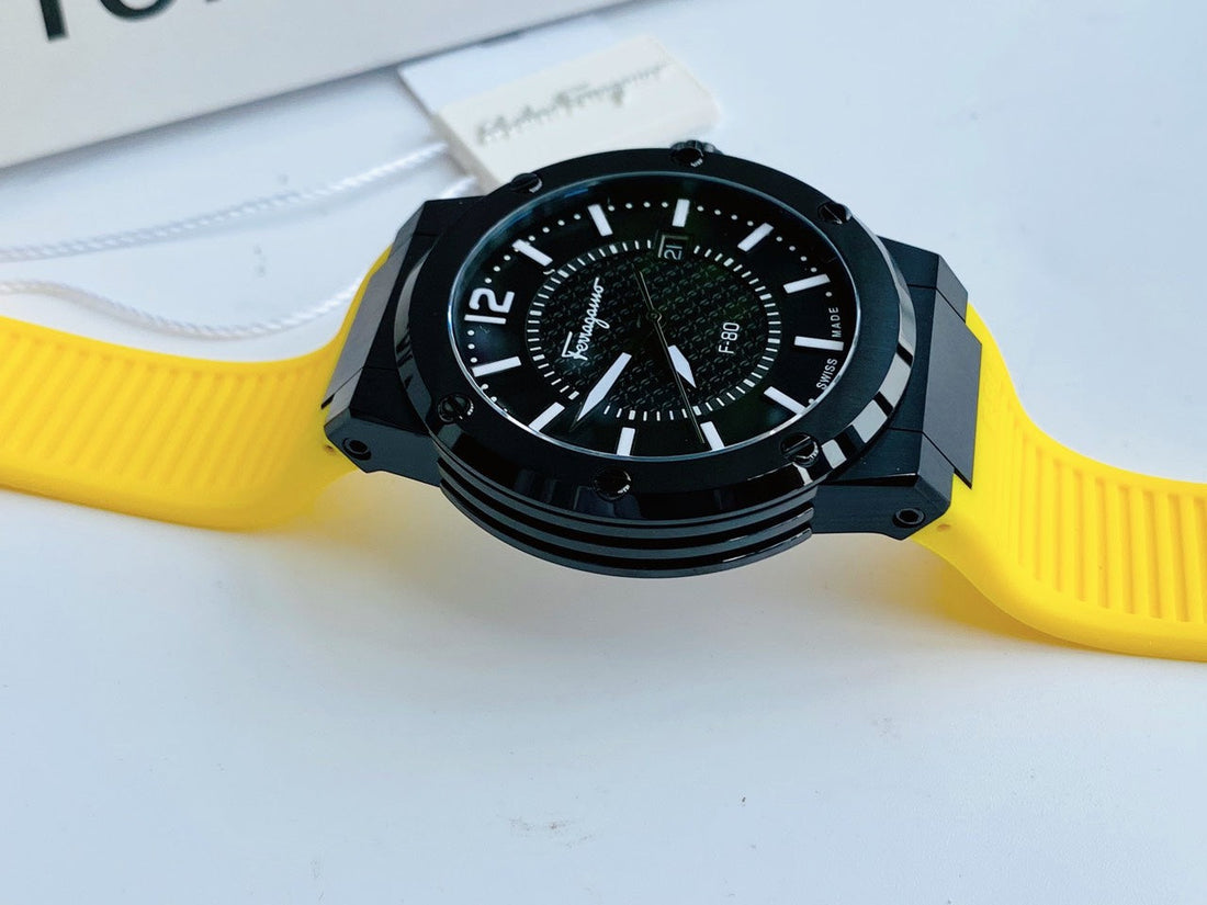 Salvatore Ferragamo F-80 Classic Black Dial Yellow Rubber Strap Watch for Men - SFHY01522