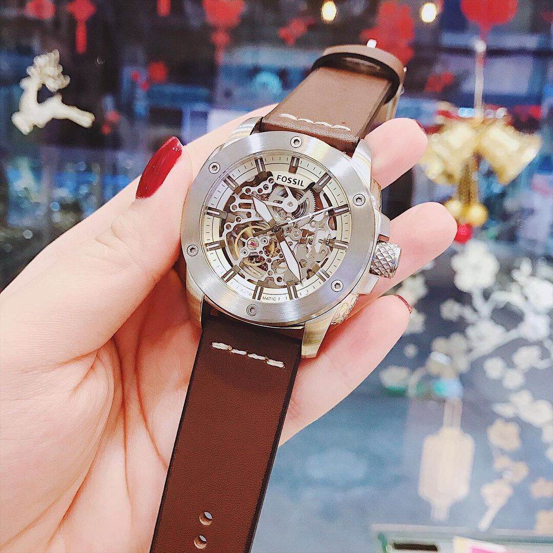 Fossil Modern Machine Automatic Skeleton White Dial Brown Leather Strap Watch for Women - ME3083