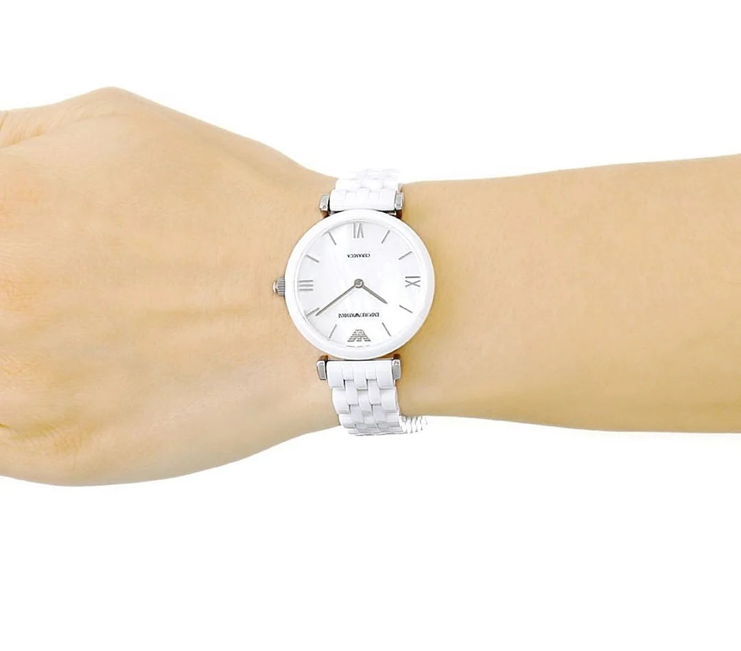 Emporio Armani Giannti T Bar Quartz Mother of Pearl Dial White Steel Strap Watch For Women - AR1485