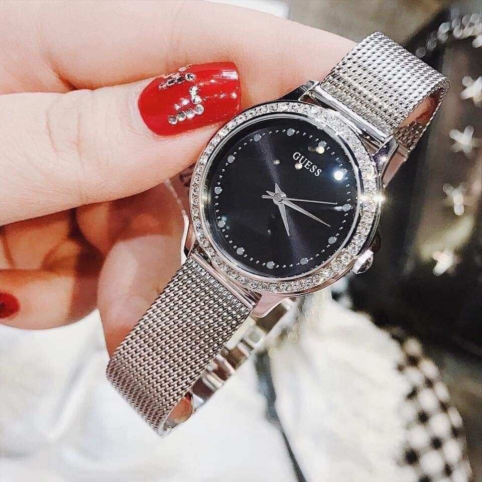 Guess Chelsea Crystals Black Dial Silver Mesh Bracelet Watch For Women - W0647L5