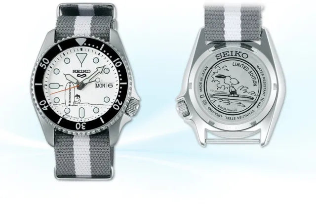 Seiko 5 Sports x Peanuts Surfboard Snoopy Limited Edition White Dial Two Tone NATO Strap Watch For Men - SRPK25K1