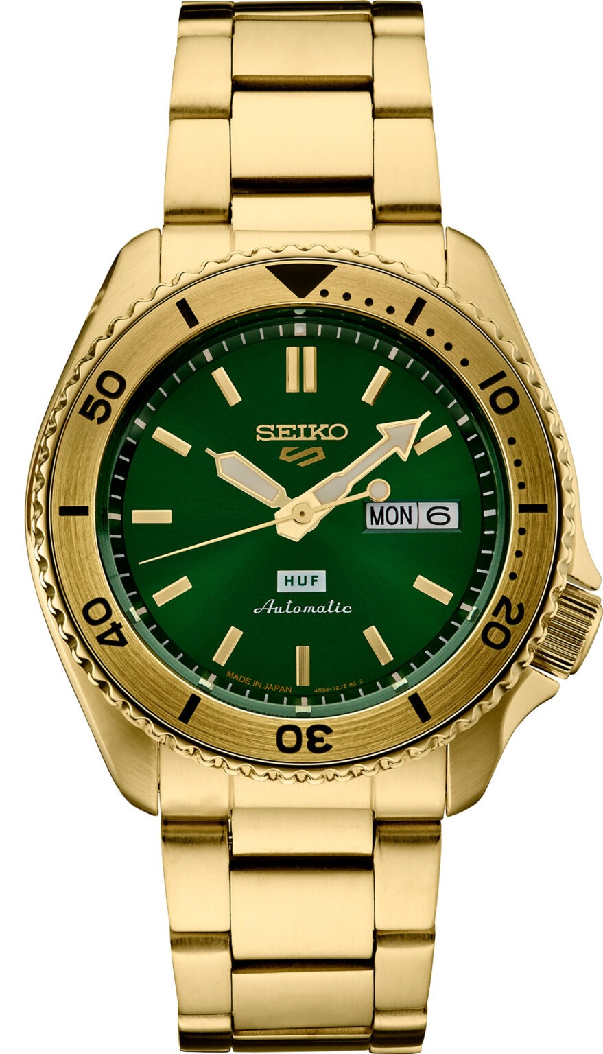 Seiko 5 Sports HUF Limited Edition Green Dial Gold Steel Strap Watch For Men - SRPJ20