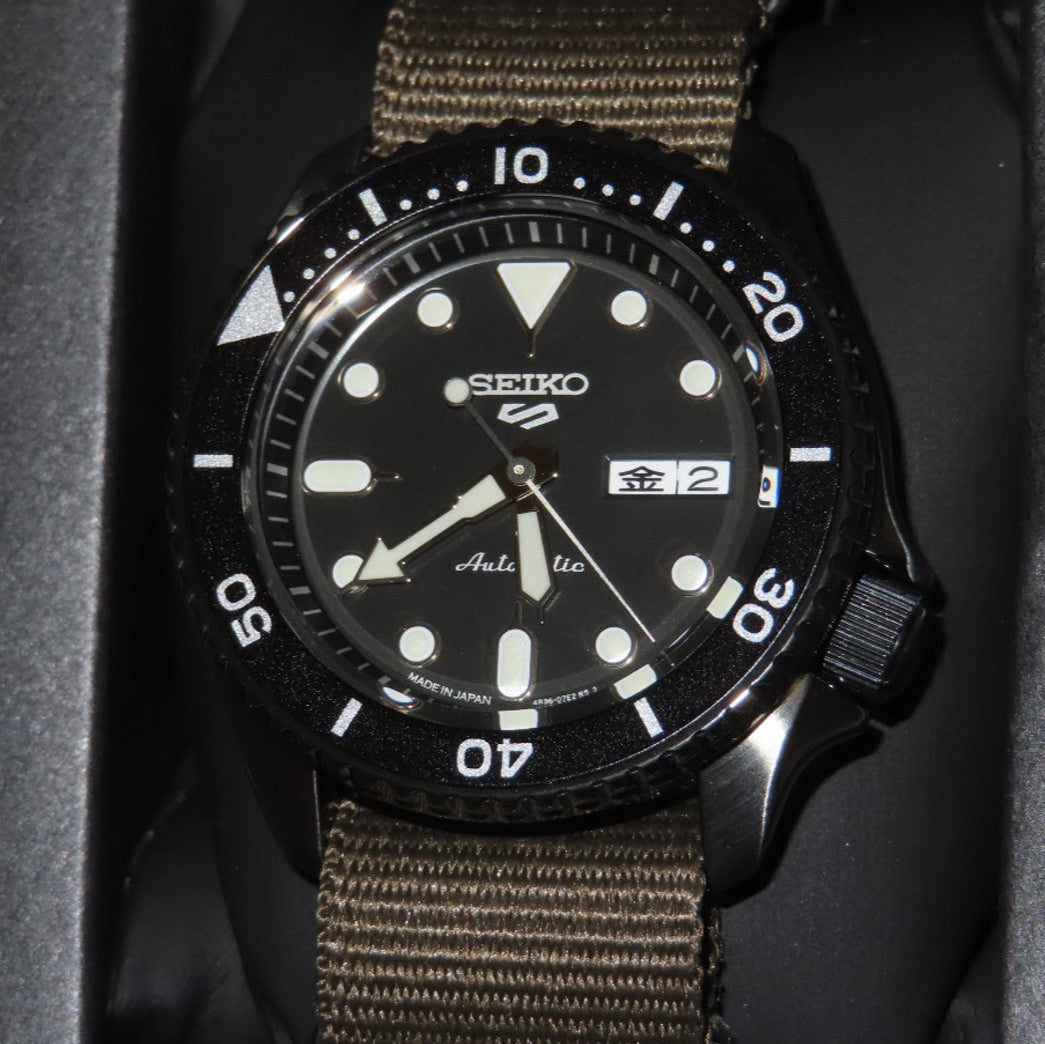 Seiko 5 Sport Automatic Black Dial Green Nylon Strap Watch For Men - SRPD65K4