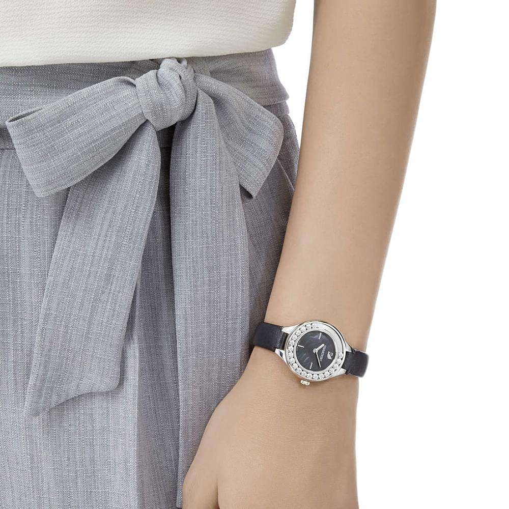 Swarovski Lovely Crystals Mother of Pearl Black Dial Black Leather Strap Watch for Women - 5242898